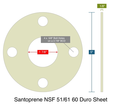 Santoprene NSF 51/61 60 Duro Sheet - Full Face Gasket - 1/8" Thick - 1.5" - 150 Lb