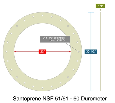 Santoprene NSF 51/61 - 60 Durometer - Full Face Gasket -  1/4" Thick - 22" ID - 30.5" OD - 24 x .5" Holes on a 28" Bolt Circle Diameter