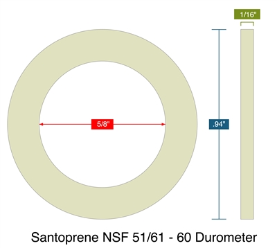 Santoprene NSF 51/61 - 60 Durometer -  1/16" Thick - Ring Gasket - .625" ID - .94" OD