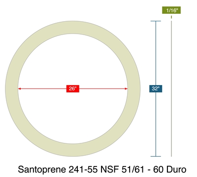 Santoprene 241-55 NSF 51/61 - 60 Duro -  1/16" Thick - Ring Gasket - 26" ID - 32" OD