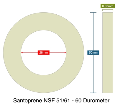 Santoprene NSF 51/61 - 60 Durometer - Ring Gasket - 6.35mm Thick - 28mm ID - 50mm OD