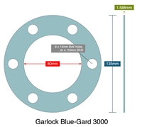 Garlock 3000 Full Face - 1/16" Thick - 80 MM ID x 135 MM OD - 6 x 14MM Holes on a 110MM BCD