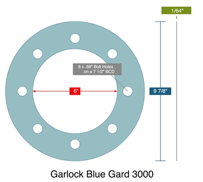 Garlock Blue-GardÂ® 3000 Custom FF Gasket - 1/64" x 6" x 9.875" (8, 11/16" BH on 7.5" BC)