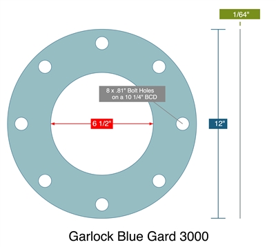 Garlock Blue-GardÂ® 3000 Custom FF Gasket - 1/64" x 6.5" x 12" (8, 13/16" BH on 10.25" BC)