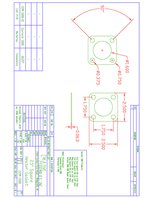 Garlock 3000 Full Face Square- 2.5" OD with Rounded corners x 1.6"ID center diameter" x 1/16" Thick (4) .375" Holes per drawing