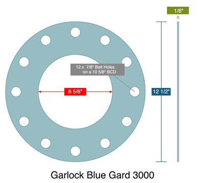 Garlock 3000 NBR Full Face Gasket - 300 Lb. - 1/8" Thick - 6" Pipe