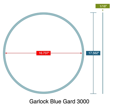 Garlock 3000 NBR Custom Ring Gasket  - 1/16" x 16.737" ID x 17.562" OD