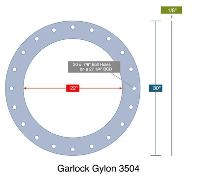 Garlock GylonÂ® 3504 Full Face Gasket -1 /8" Thick- 22" ID - 30" OD - 20 x 7/8" Bolt Holes on a 27.25" BCD