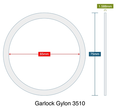 Garlock Gylon 3510 - Ring Gasket - 1.59mm Thick - 65mm ID - 75mm OD