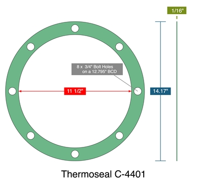 Klinger C-4401Â® Custom Full Face Gasket - 1/16" Thk - 11.5" ID x 14.17" OD (8) .75" Holes On 12.795" BC