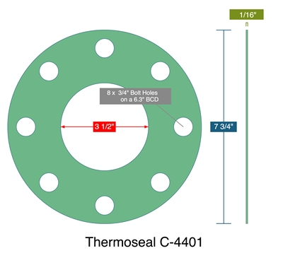 C-4401 Green N/A NBR Full Face Gasket - 150 Lb. - 1/16" Thick - 3.5" ID - 7.75" OD - (8) x .75" Bolt Holes ona 6.3" BCD