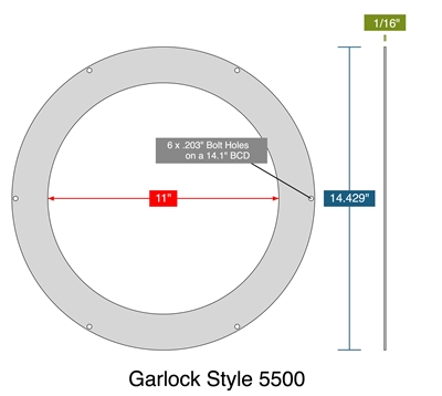Garlock Style 5500 - Full Face Gasket -  1/16" Thick - 11" ID - 14.429" OD - 6 x .203" Holes on a 14.1" Bolt Circle Diameter