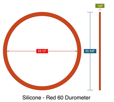 60 Duro Red Silicone Rubber Ring - 23.12" ID x 25.625" OD x 1/2" Thick