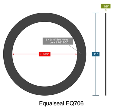 EQ 706 Custom Full Face Gasket - 1/8" x 8.625" ID x 11" OD x 1/8" Thick (8) 9/16" Holes On 9.875" BC