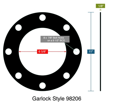 Garlock Style 98206 -  1/8" Thick - Full Face Gasket - 150 Lb. - 6"