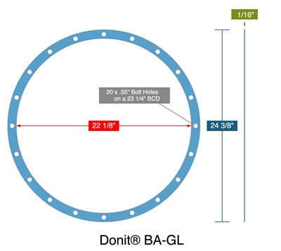 DonitÂ® BA-GL - Full Face Gasket -  1/16" Thick - 22.12" ID - 24.375" OD - 20 x .55" Holes on a 23.25" BCD - 2 Segments