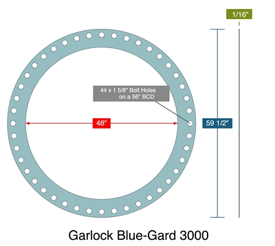 Garlock Blue-Gard 3000 - Full Face Gasket -  1/16" Thick - 48" ID - 59.5" OD - 44 x 1.625" Holes on a 56" Bolt Circle Diameter