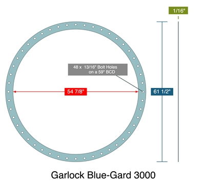 Garlock Blue-Gard 3000 -  1/16" Thick - Full Face Gasket - 54.875" ID - 61.50" OD - 48 x .8125" Holes on a 59" Bolt Circle Diameter - 4 pc Dovetail Construction