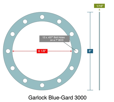 Garlock Blue-Gard 3000 - Full Face Gasket -  1/16" Thick - 6.125" ID - 8" OD - 12 x .437" Holes on a 7" Bolt Circle Diameter
