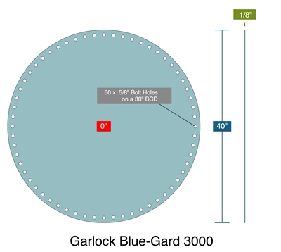 Garlock Blue-Gard 3000 -  1/8" Thick - Full Face Gasket - 0" ID - 40" OD - 60 x .625" Holes on a 38" Bolt Circle Diameter