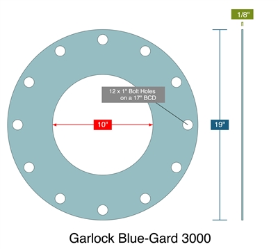Garlock Blue-Gard 3000 -  1/8" Thick - Full Face Gasket - 10" ID - 19" OD - 12 x 1" Holes on a 17" Bolt Circle Diameter