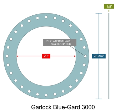 Garlock Blue-Gard 3000 - Full Face Gasket -  1/8" Thick - 20" ID - 28.75" OD - 28 x .875" Holes on a 26.25" Bolt Circle Diameter