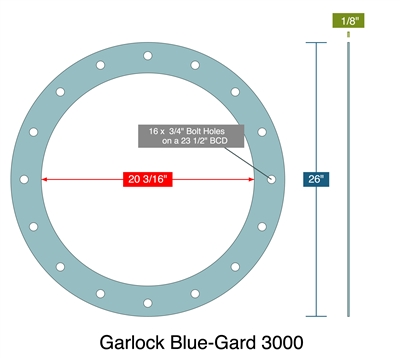 Garlock Blue-Gard 3000 - Full Face Gasket -  1/8" Thick - 20.1875" ID - 26" OD - 16 x .75" Holes on a 23.50" Bolt Circle Diameter