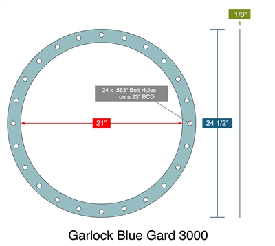 Garlock Blue-Gard 3000 -  1/8" Thick - Full Face Gasket - 21" ID - 24.5" OD - 24 x .563" Holes on a 23" Bolt Circle Diameter