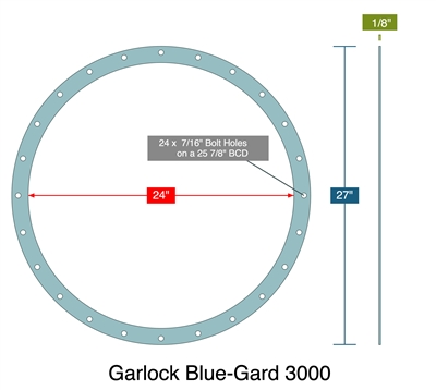 Garlock Blue-Gard 3000 - Full Face Gasket -  1/8" Thick - 24" ID - 27" OD - 24 x 0.4375" Holes on a 25.875" Bolt Circle Diameter