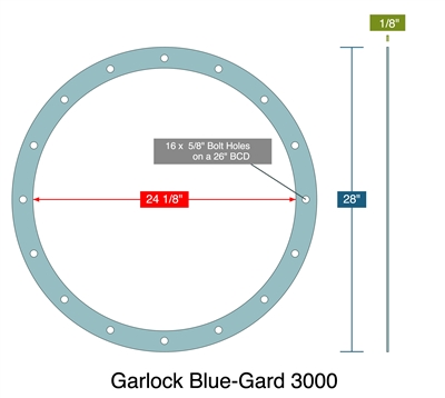 Garlock Blue-Gard 3000 -  1/8" Thick - Full Face Gasket - 24.125" ID - 28" OD - 16 x .625" Holes on a 26" Bolt Circle Diameter