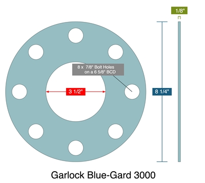 Garlock Blue-Gard 3000 - Full Face Gasket -  1/8" Thick - 3.5" ID - 8.25" OD - 8 x 0.875" Holes on a 6.625" Bolt Circle Diameter