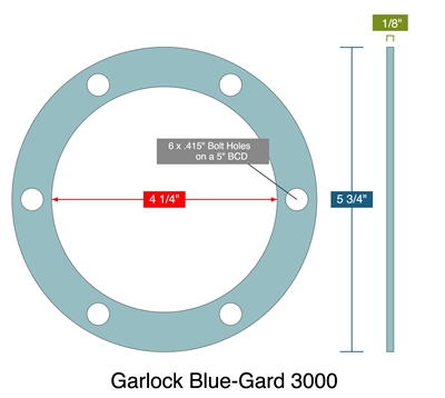 Garlock Blue-Gard 3000 - Full Face Gasket -  1/8" Thick - 4.25" ID - 5.75" OD - 6 x .415" Holes on a 5" Bolt Circle Diameter