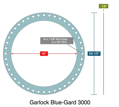 Garlock Blue-Gard 3000 - Full Face Gasket -  1/8" Thick - 48" ID - 59.5" OD - 44 x 1.625" Holes on a 56" Bolt Circle Diameter
