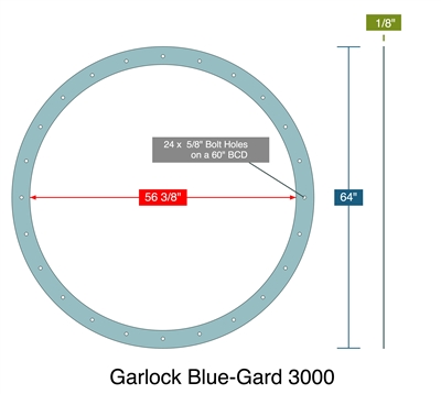 Garlock Blue-Gard 3000 -  1/8" Thick - Full Face Gasket - 56.375" ID - 64" OD - 24 x .625" Holes on a 60" Bolt Circle Diameter