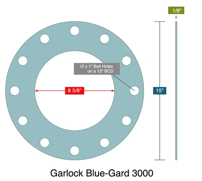 Garlock Blue-Gard 3000 - Full Face Gasket -  1/8" Thick - 8.625" ID - 15" OD - 12 x 1" Holes on a 13" Bolt Circle Diameter