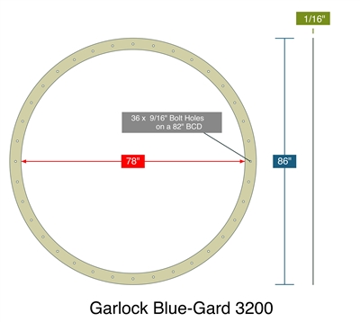 Garlock Blue-Gard 3200 - Full Face Gasket -  1/16" Thick - 78" ID - 86" OD - 36 x .5625" Holes on a 82" Bolt Circle Diameter