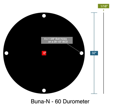 Buna-N - 60 Durometer - Full Face Gasket -  1/16" Thick - " ID - 32" OD - 4 x 1.375" Holes on a 29.5" Bolt Circle Diameter
