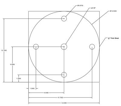 Buna-N Diaphragm - 1/32" Thick - Custom Gasket - 12" OD - 4 Bolt Hole + Center Hole