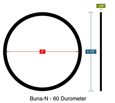 Buna-N - 60 Durometer - Ring Gasket -  1/8" Thick - 5" ID - 5.5" OD
