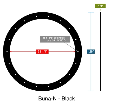 60 Duro Buna-N Custom Full Face Gasket - 23.25" ID x 28" OD x 1/4" Thick (18) 3/8" Holes on 25.25" BC