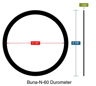 Buna-N-60 Durometer -  1/32" Thick - Ring Gasket - 2.5" ID - 2.875" OD