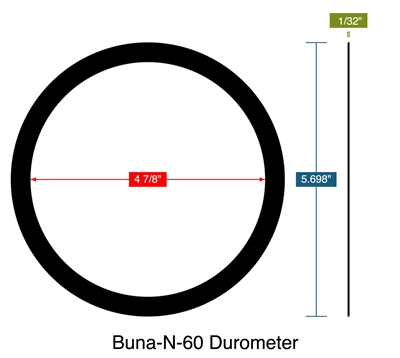 Buna-N-60 Durometer -  1/32" Thick - Ring Gasket - 4.875" ID - 5.698" OD