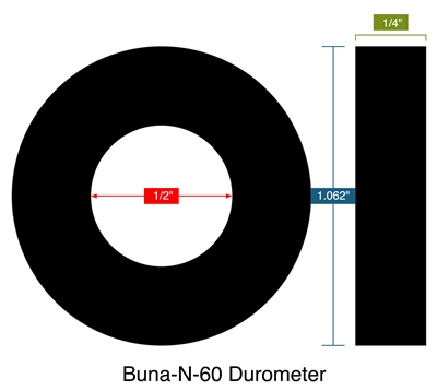 Buna-N-60 Durometer -  1/4" Thick - Ring Gasket - .50" ID - 1.062" OD