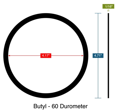 Butyl - 60 Durometer -  1/16" Thick - Ring Gasket - 4.17" ID - 4.71" OD
