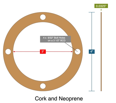 Cork and Neoprene - Full Face Gasket - 0.0325" Thick - 3" ID - 4" OD - 4 x 0.28125" Holes on a 3.5" Bolt Circle Diameter