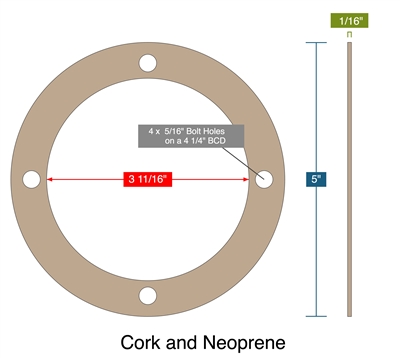 Cork and Neoprene -  1/16" Thick - Full Face Gasket - Per Drawing 1-23717