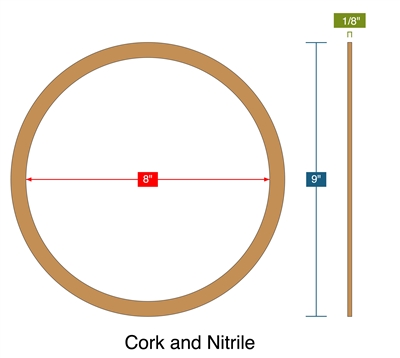 Cork and Nitrile - Ring Gasket -  1/8" Thick - 8" ID - 9" OD