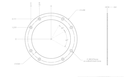 DXSeal 660 - Custom Full Face Gasket -  1/16" Thick - 4.063" ID - 5.438" OD - 8 x .280" Holes Spaced PER DWG on a 4.875" Bolt Circle Diameter