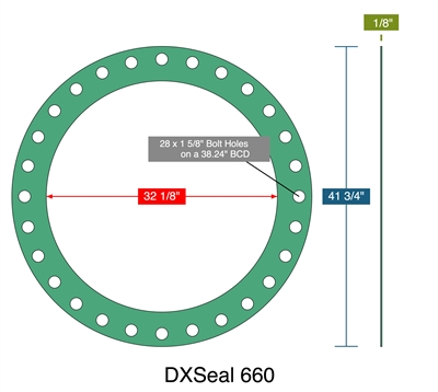 DXSeal 660 -  1/8" Thick - Full Face Gasket - 32.125" ID - 41.75" OD - 28 x 1.625" Holes on a 38.24" Bolt Circle Diameter