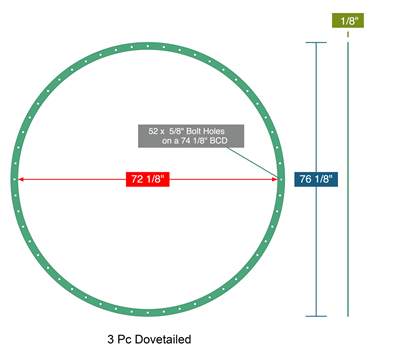 DXSeal 660 - SEGMENTED Full Face Gasket -  1/8" Thick - 72.125" ID - 76.125" OD - 52 x .625" Holes on a 74.125" Bolt Circle Diameter